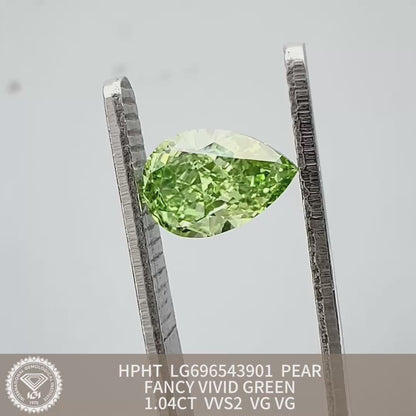 Diamant synthétique en forme de poire de 1,04 carat, taille fantaisie vert vif, VG VVS2 HPHT 