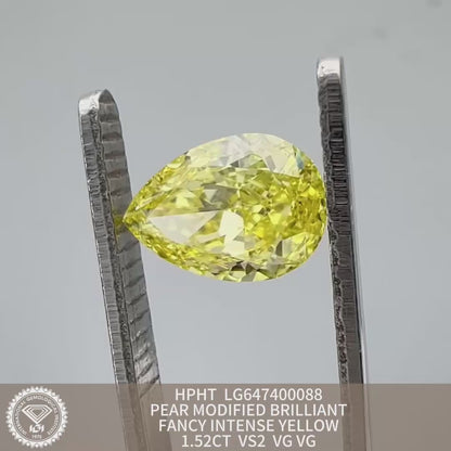 Lab Grown Diamond 1.52 Carat Fancy Intense Yellow VS2 VG VG IGI HPHT Pear Shape