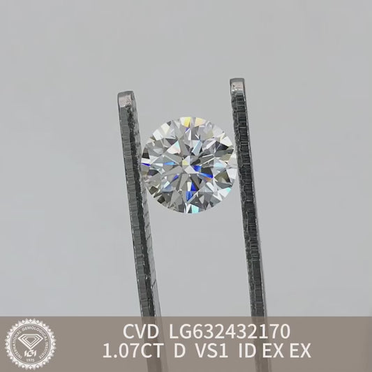 1.07 Carat Lab Grown Round Diamond VS1 IGI D CVD NONE Excellent Cut