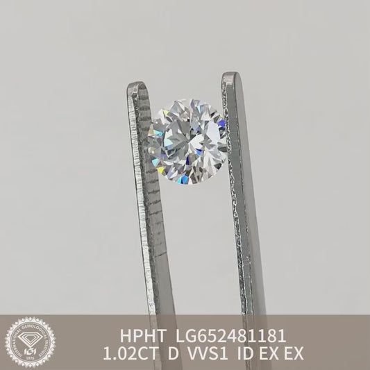 Lab Created Diamond VVS1 IGI 1.02 Carat Round D HPHT NONE 3EX