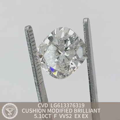 Diamant de laboratoire coussin de 5,10 carats 2EX certifié IGI CVD VVS2 F 