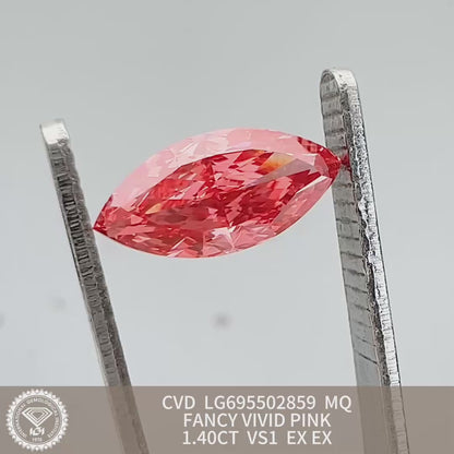 Diamant synthétique de 1,4 carat, couleur rose vif fantaisie VS1 2EX CVD, taille marquise 