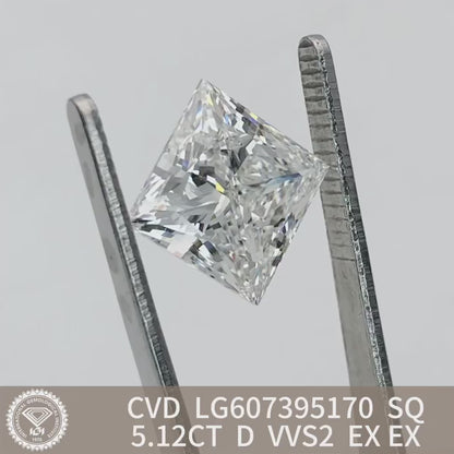 Diamant de laboratoire de 5,12 carats, taille princesse 2EX, certifié IGI CVD D VVS2 