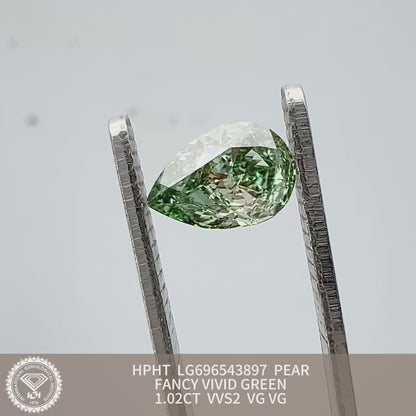Diamant poire de 1,02 carat, cultivé en laboratoire, vert vif fantaisie, VVS2, HPHT, 2VG 