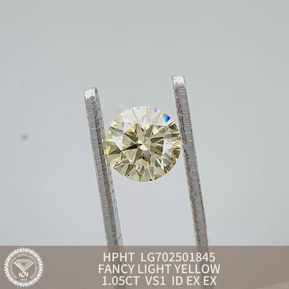 Lab Grown Round Diamond Fancy Light Yellow 1.05 Carat ID 2EX HPHT VS1 IGI Certified