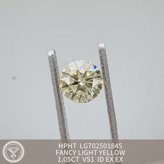 Lab Grown Round Diamond Fancy Light Yellow 1.05 Carat ID 2EX HPHT VS1 IGI Certified