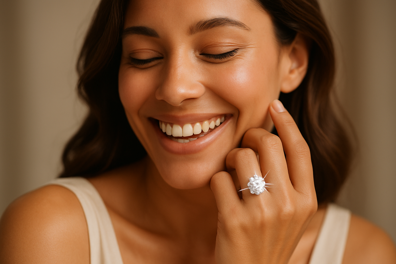 women wearing diamond ring smile
